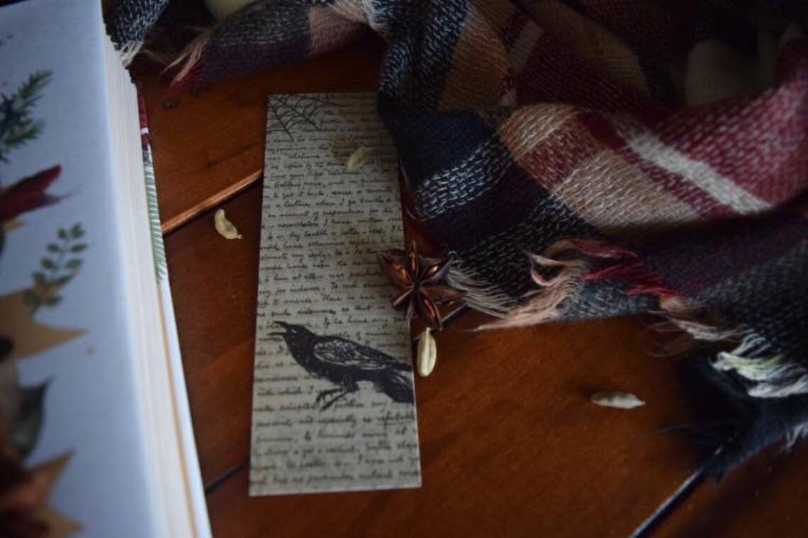 Raven Bookmark with Book Page Art