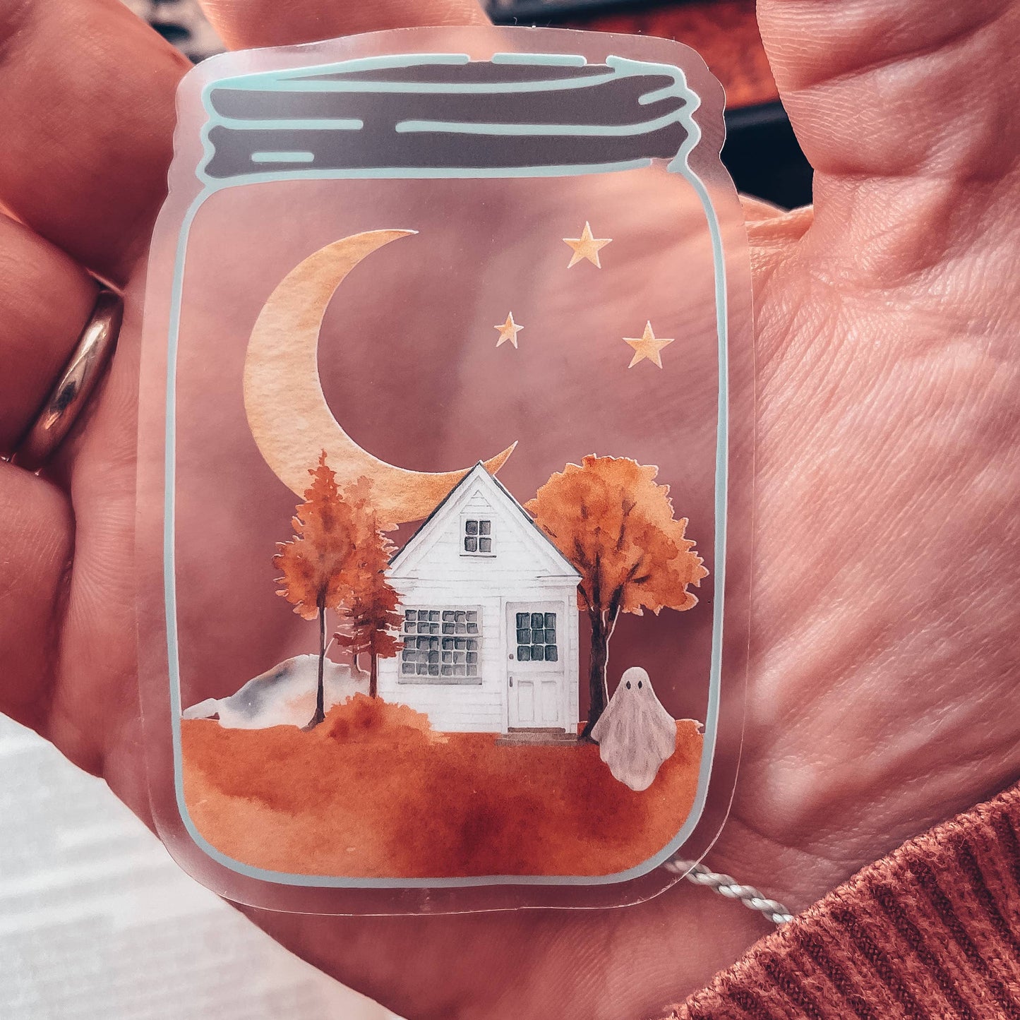 Clear Spooky Vibes Sticker, Ghost Fall Landscape Decal