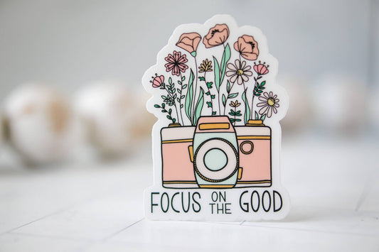 Focus On The Good, Retro Camera Vinyl Sticker, 3x3 in.