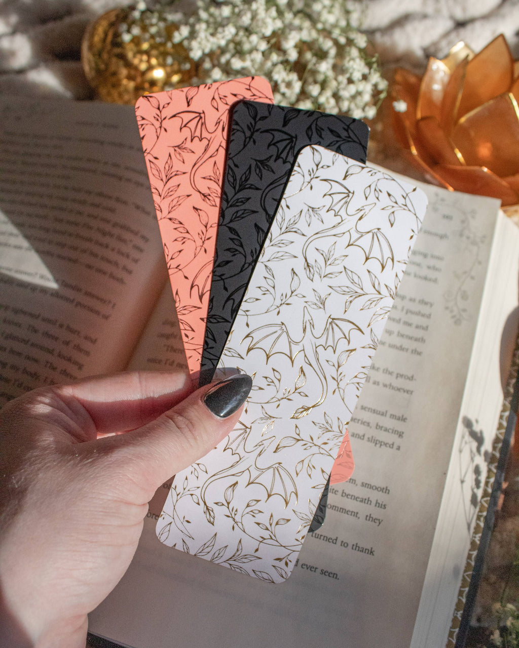 Rose Gold Foil & Coral Floral Dragons Bookmark | Soft Touch