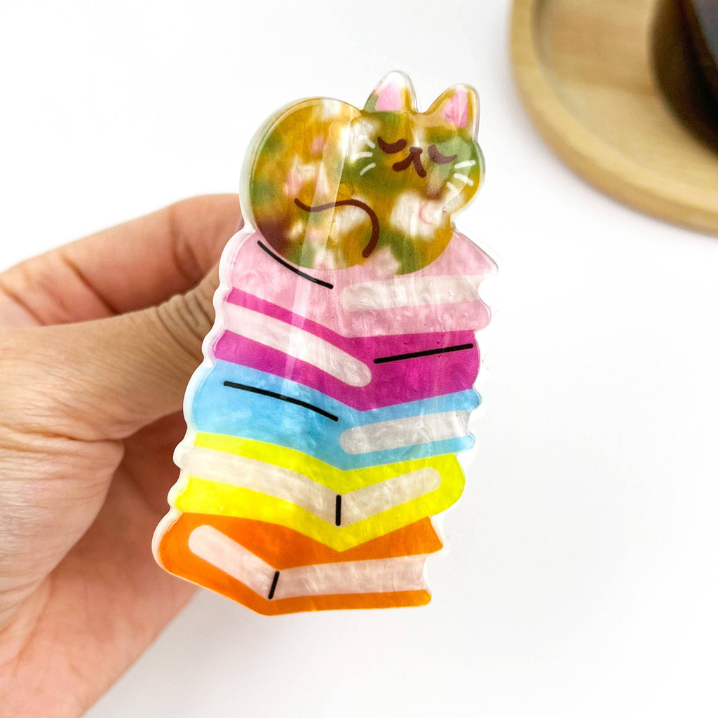 Creative Book Stack Hair Claw Clip with Cat