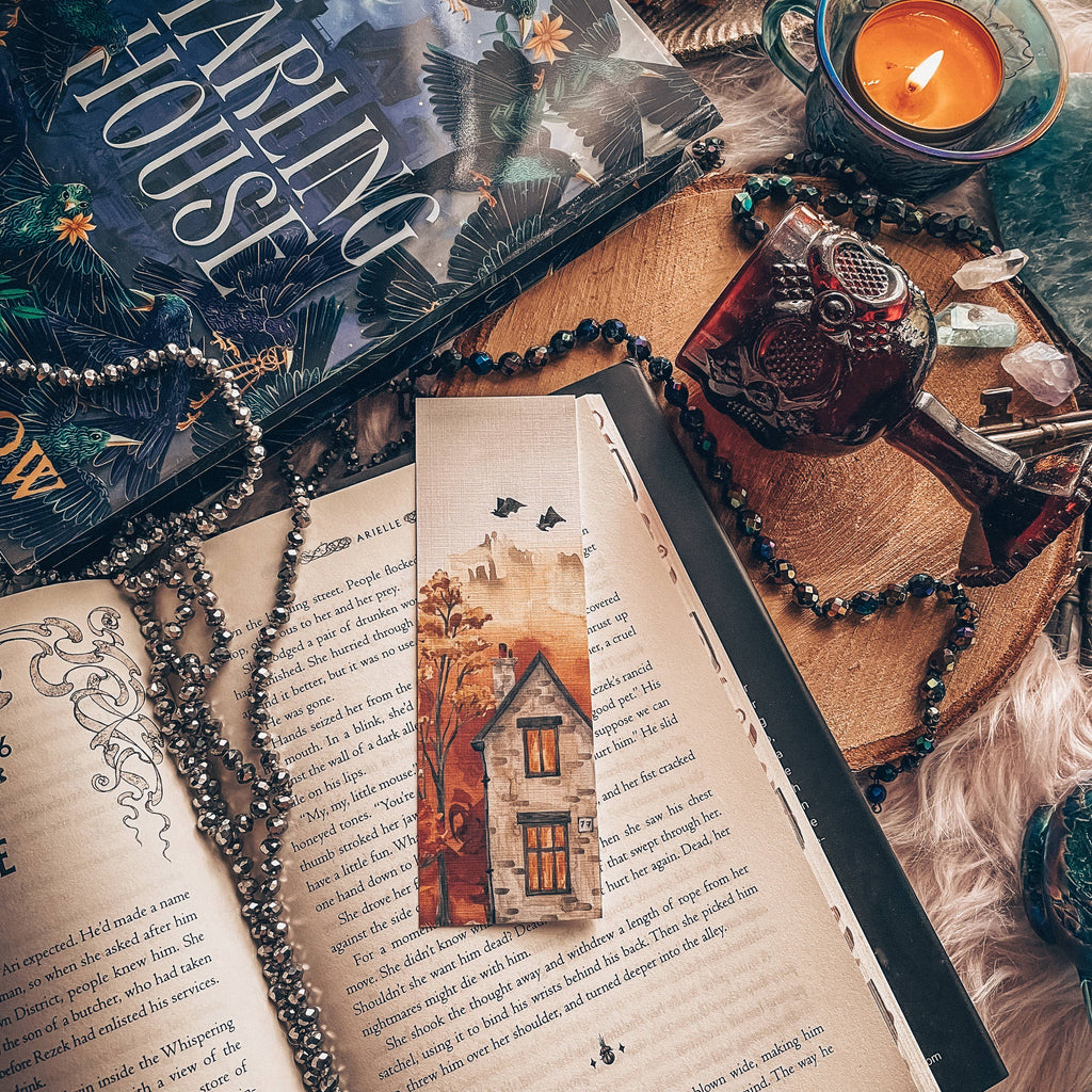 Halloween Eve Bat Bookmark, Fall Watercolor Landscape