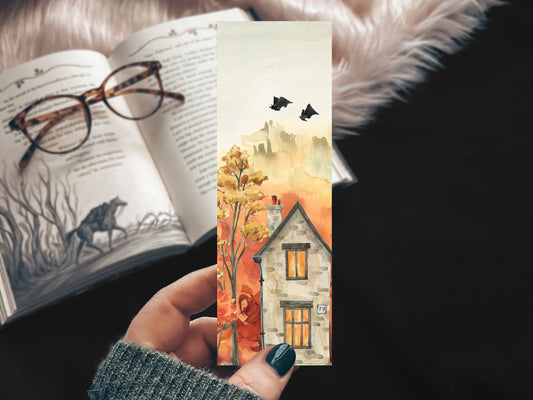 Halloween Eve Bat Bookmark, Fall Watercolor Landscape