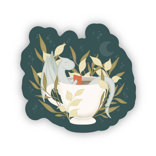 Book Dragon in a Tea Cup Waterproof Vinyl Sticker