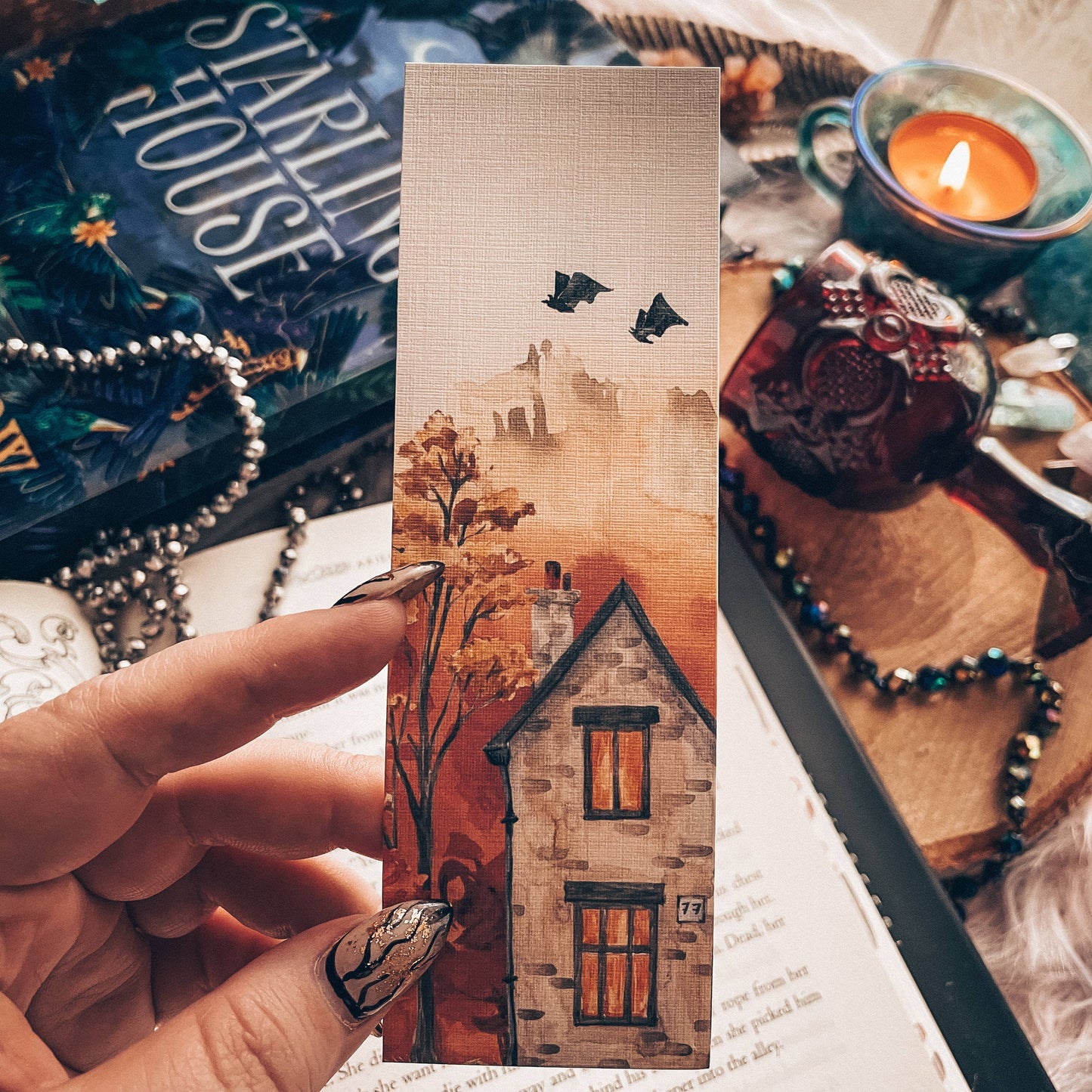 Halloween Eve Bat Bookmark, Fall Watercolor Landscape