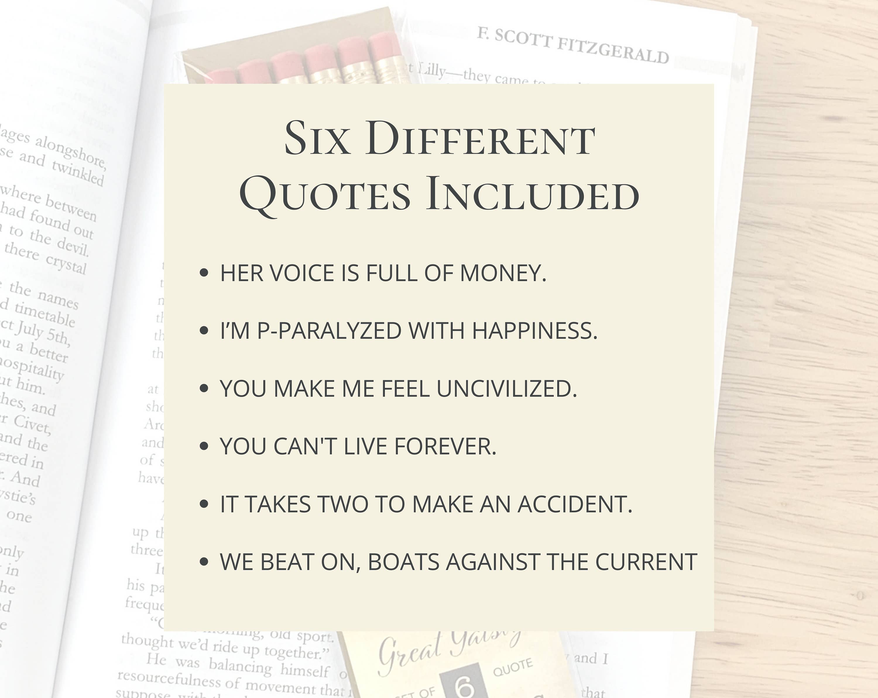 Great Gatsby Quote Pencils, F Scott Fitzgerald Bookish Gifts