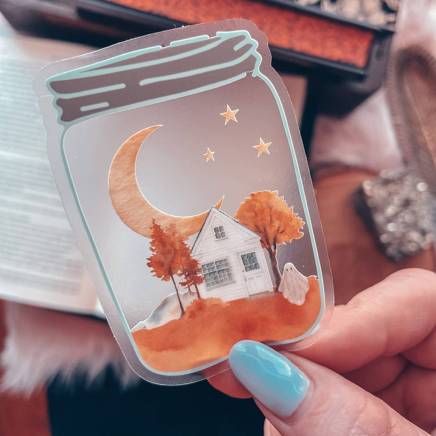 Clear Spooky Vibes Sticker, Ghost Fall Landscape Decal