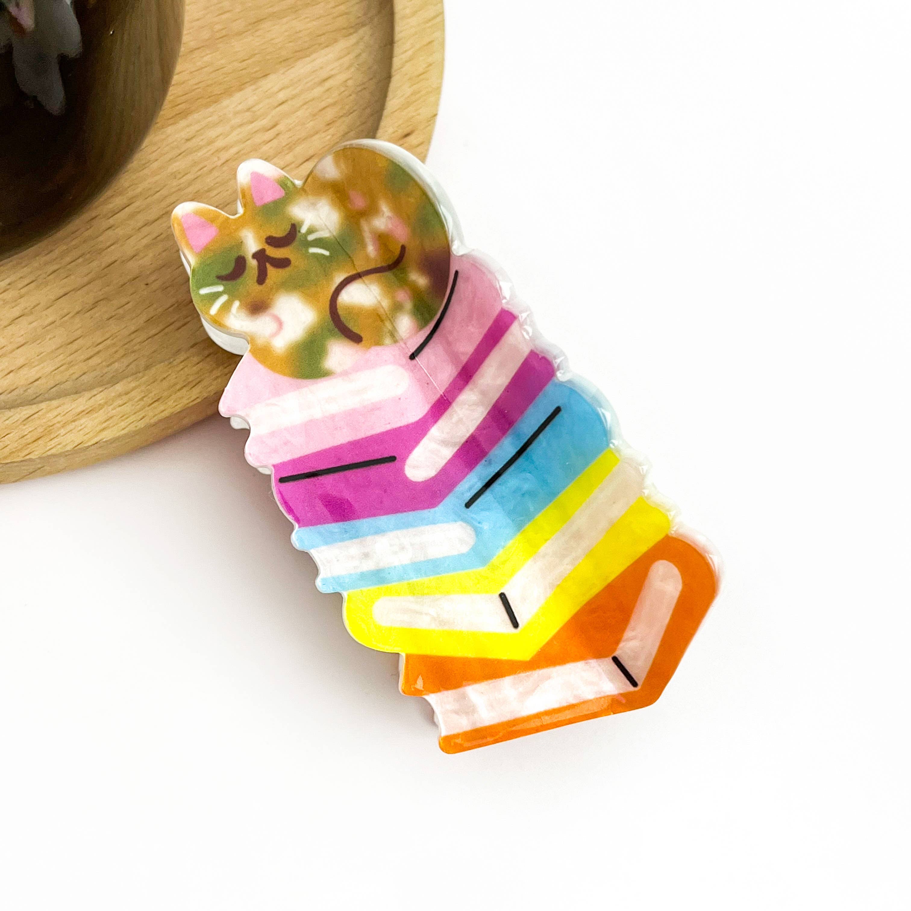Creative Book Stack Hair Claw Clip with Cat