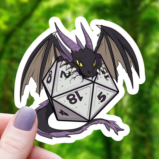 Angry Black Dragon Hatching from D20 Sticker - 3"
