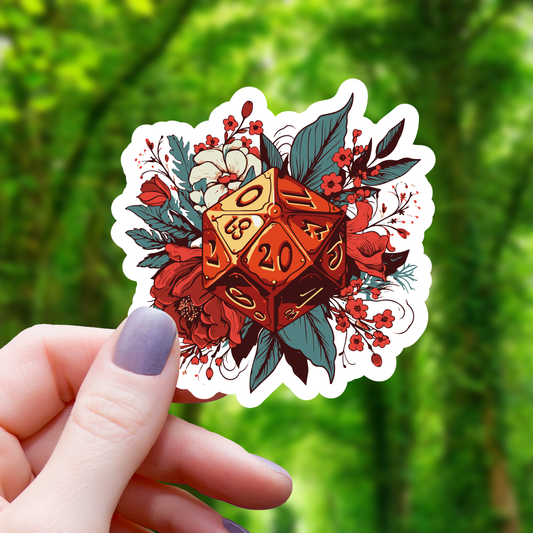 Floral Polyhedral D20 Dice Sticker - 3"